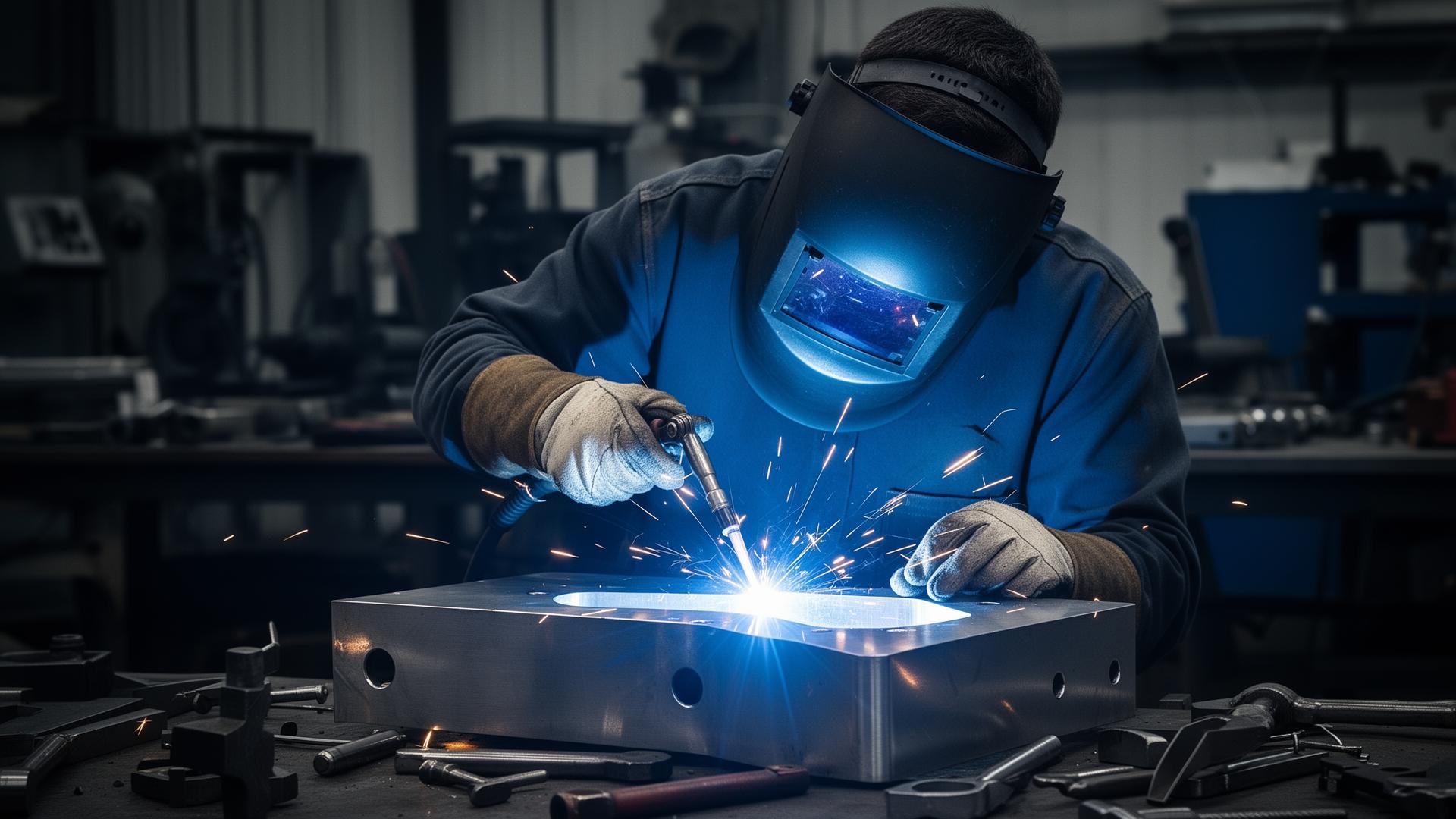 Operari d'ILERLASER soldant una peça d'acer al taller